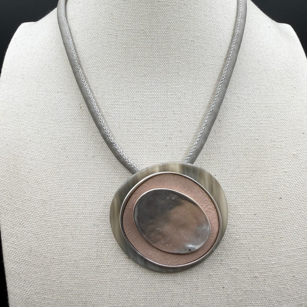 Silver Tone Abstract Pendant Necklace Gray Cord Modernist Statement Boho Layered